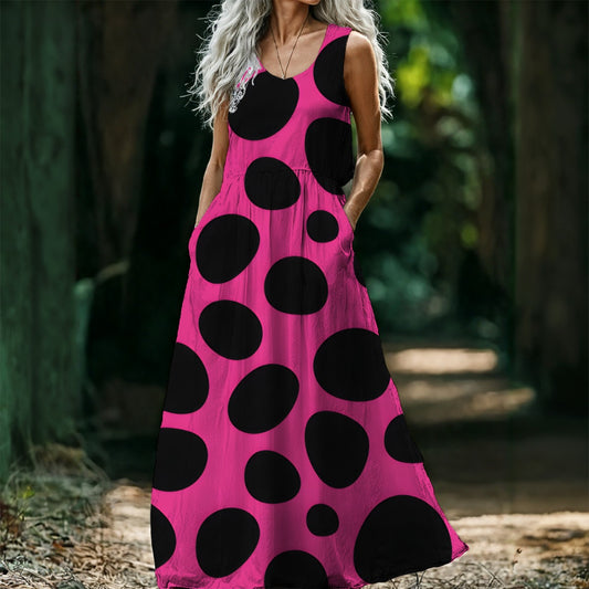 Hot Pink Polka Dot Maxi Dress — Oversized Black Dots Sleeveless