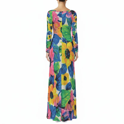Bold Floral Maxi Dress — Colorful Sunflower Print Long Sleeve