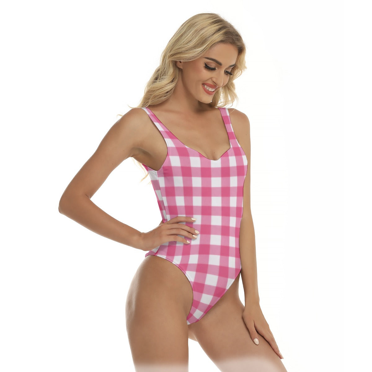 60s Pink Gingham Women's One-Piece Swimsuit — Retro Check Print