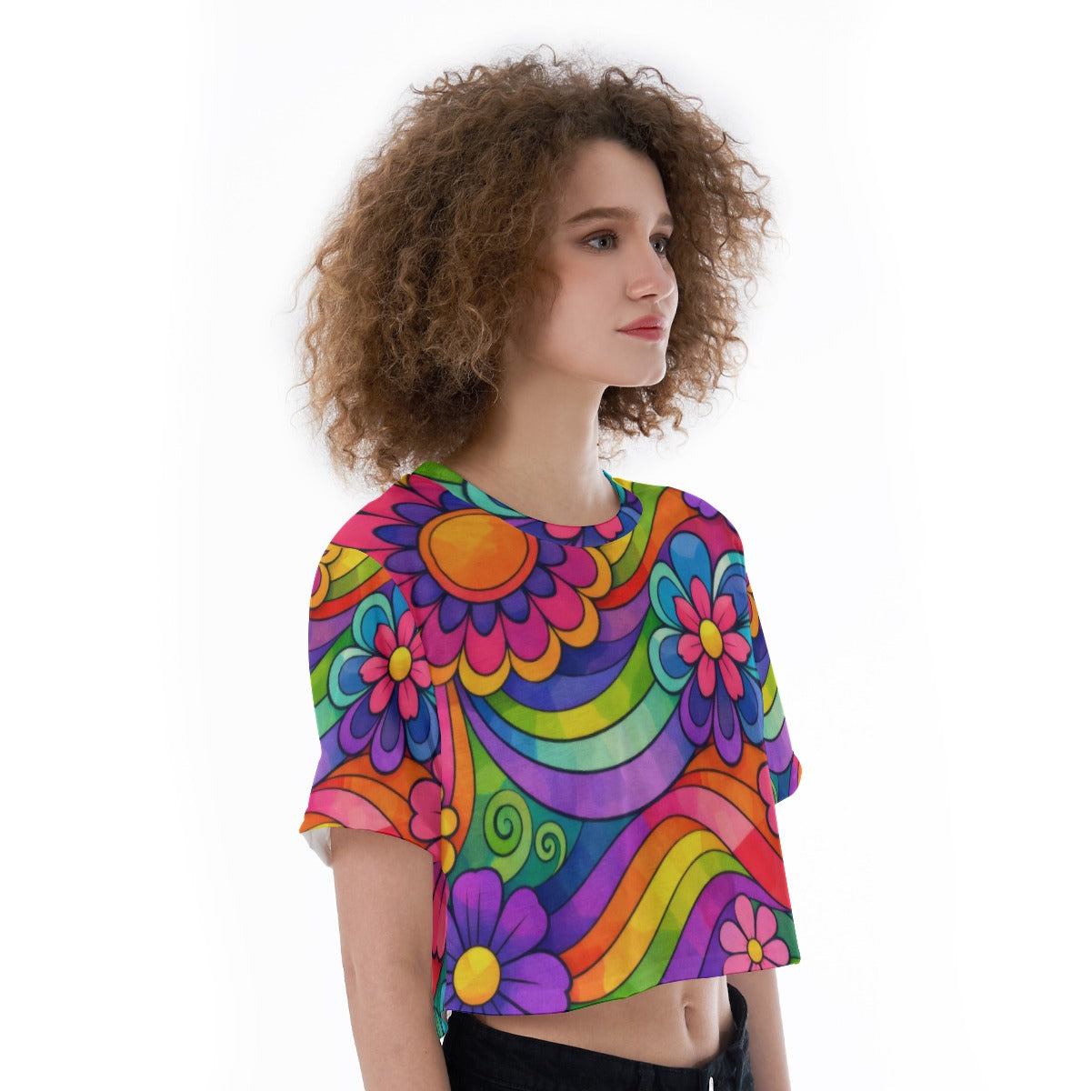70s Rainbow Flower Power Women's Cropped T-Shirt | All-Over Print