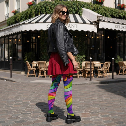 70s Rainbow Flower Power Women's High-Stretch Tights | All-Over Print