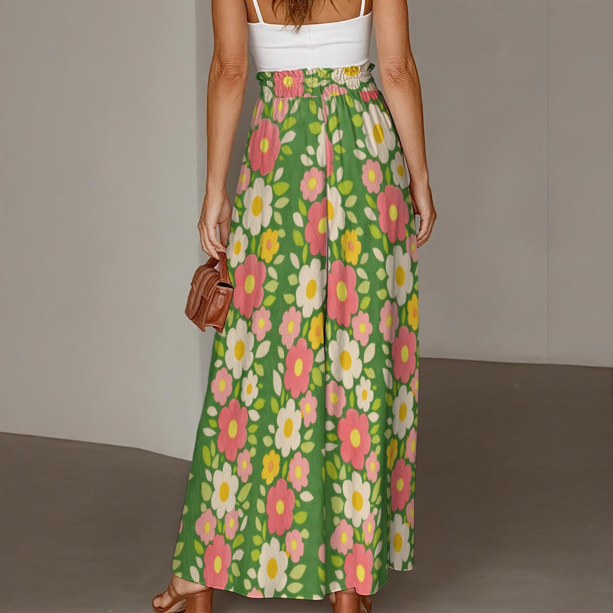 60s Vintage Green Floral Wide-Leg Pants All-Over Print Women's Ruffled Wide-Leg Pants
