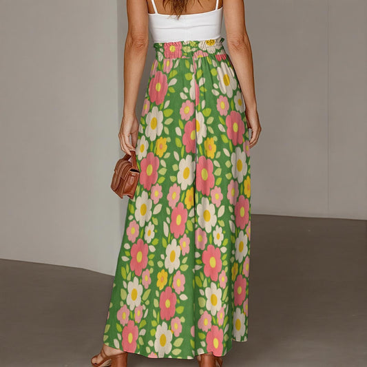 60s Vintage Green Floral Wide-Leg Pants All-Over Print Women's Ruffled Wide-Leg Pants