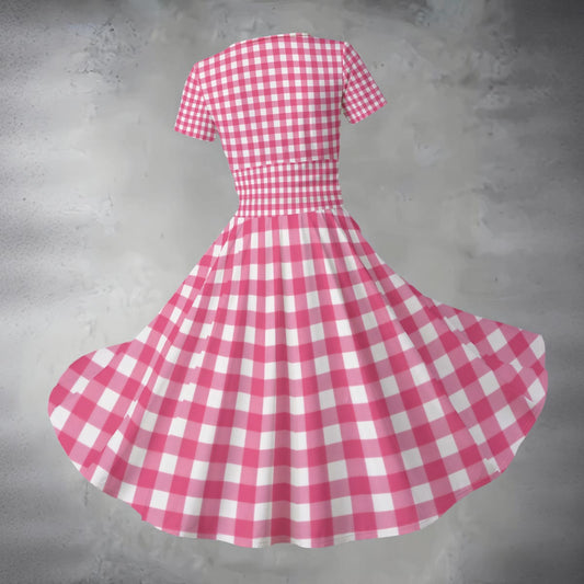 Pink Gingham Midi Dress — Retro 50s Pink & White Check Short Sleeve