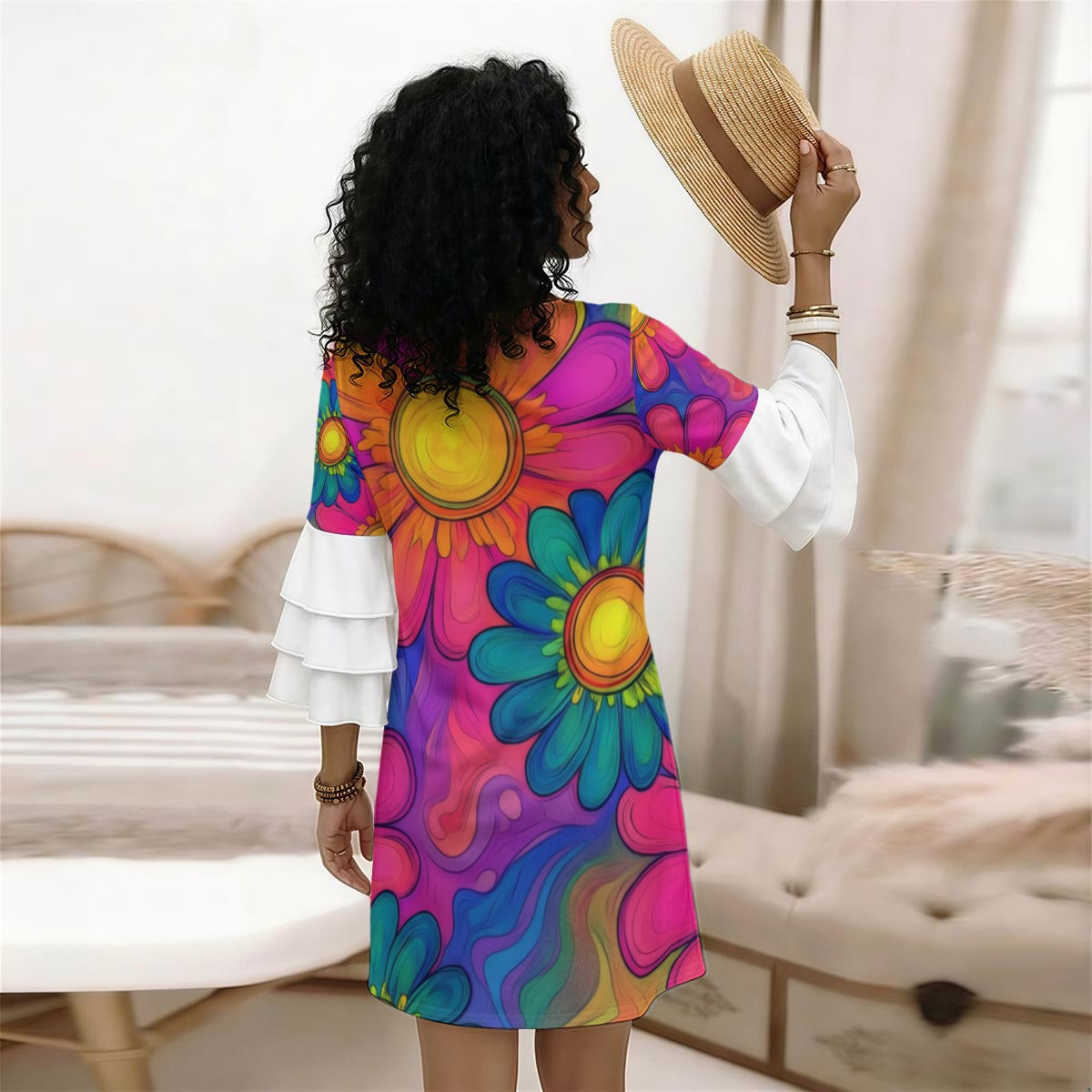 Psychedelic Sunflower Ruffle Sleeve Dress — Trippy Orange Pink Blue