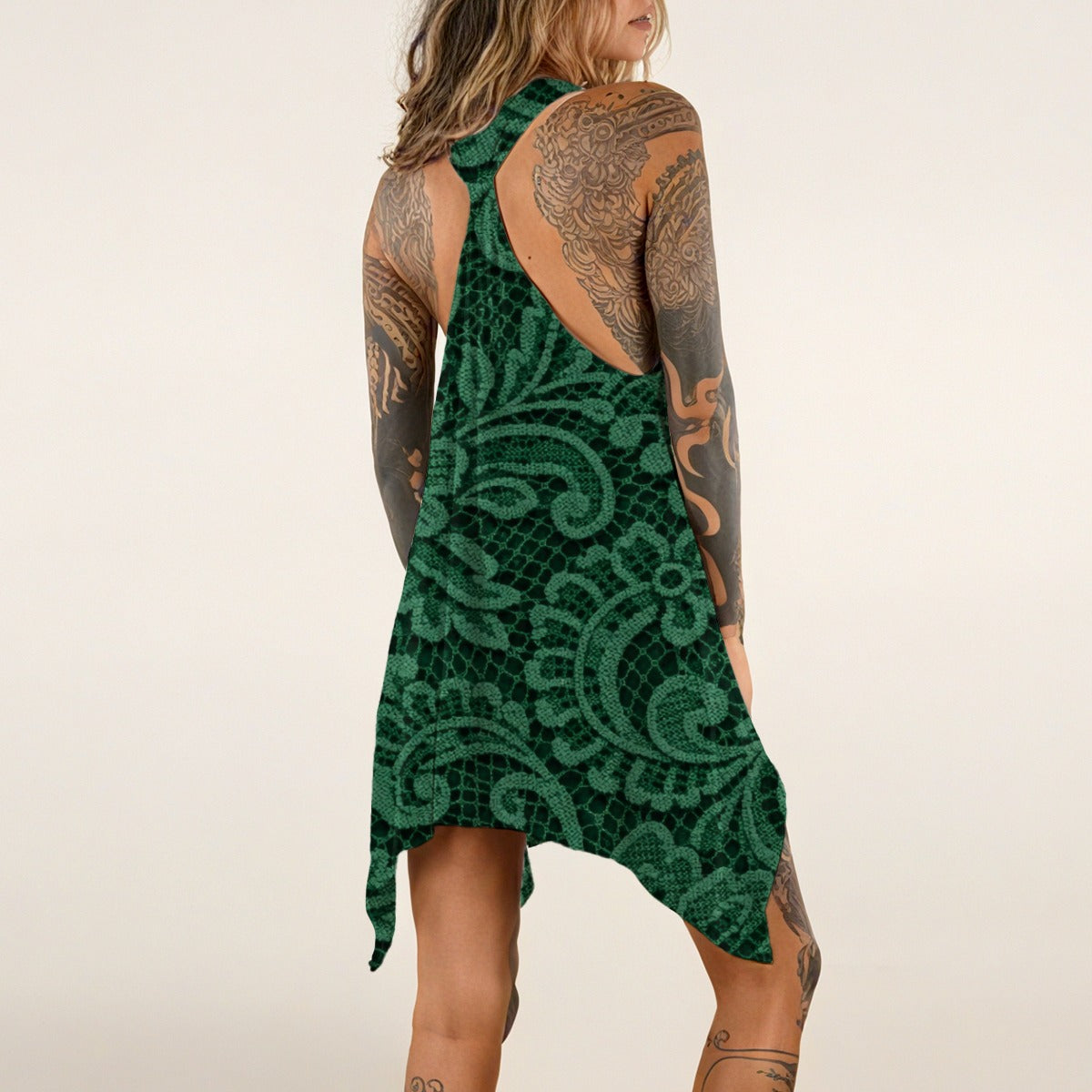 Vintage Emerald Green Guipure Lace Print Apparel All-over print Women's Sleeveless Tank Dress