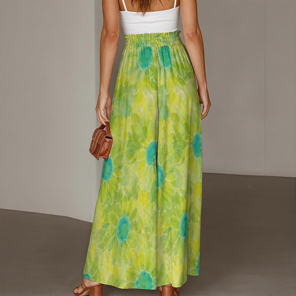 60s Vintage Lime Green Floral Wide-Leg Pants All-Over Print Women's Ruffled Wide-Leg Pants