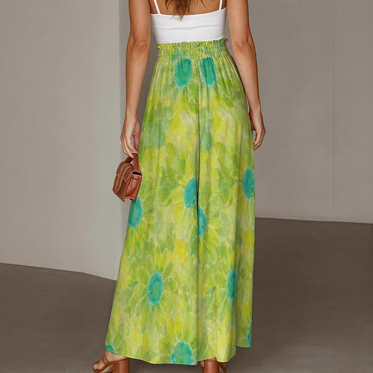 60s Vintage Lime Green Floral Wide-Leg Pants All-Over Print Women's Ruffled Wide-Leg Pants