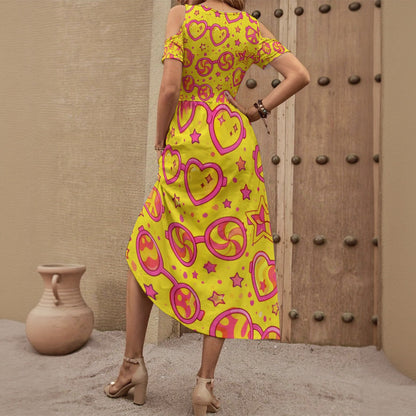 Vibrant Peace & Love Retro Aesthetic Heart Glasses All-Over Print Women's V-neck Off-shoulder Dress