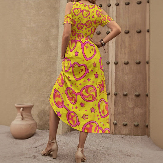 Vibrant Peace & Love Retro Aesthetic Heart Glasses All-Over Print Women's V-neck Off-shoulder Dress