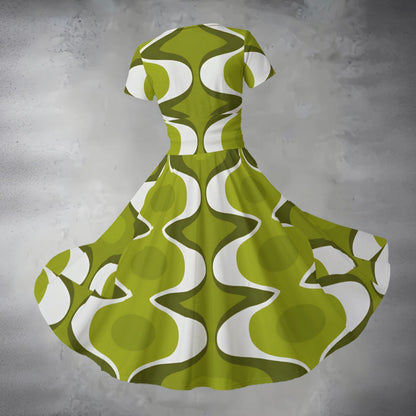 Olive Op Art Midi Dress — Groovy 70s Wave Pattern Green White