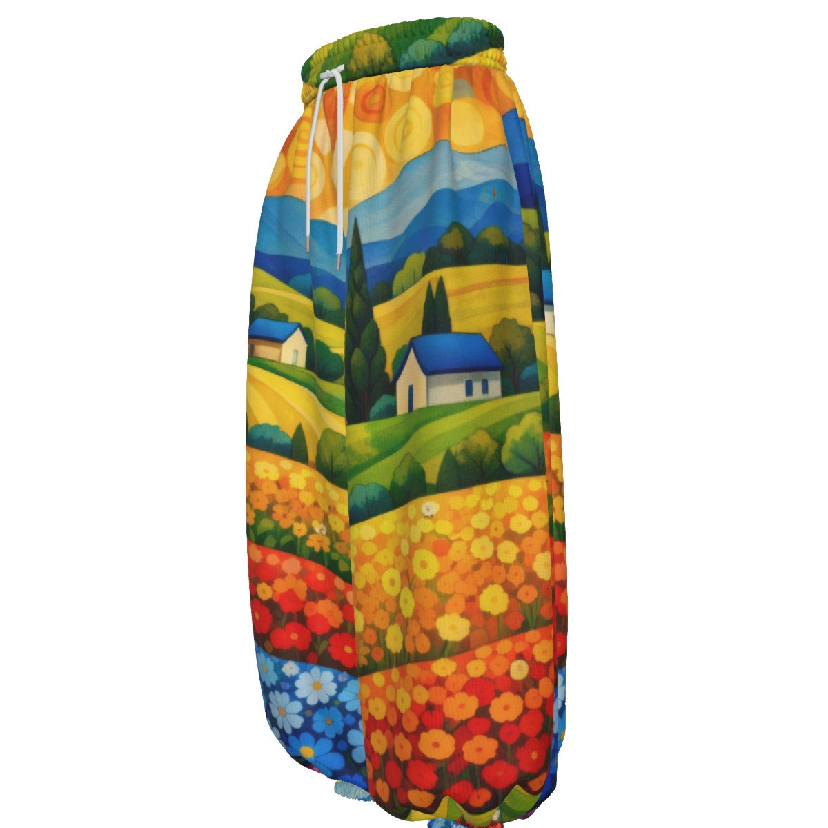 Flower Field Landscape Unisex Lantern Pants | Artistic Countryside Print