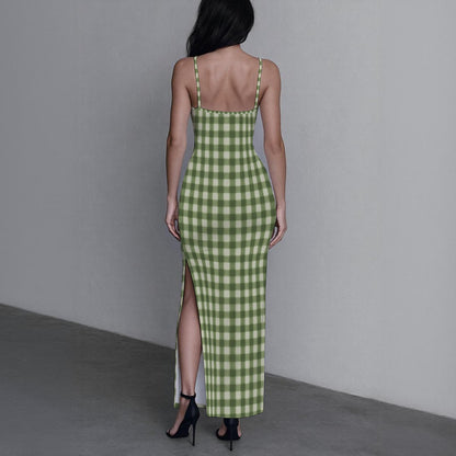 Sage Green Gingham Women's Long Dress with Slit | Retro Plaid Bodycon Maxi Dress