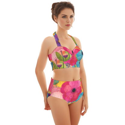 60s Bold Anemone High-Waist Halter Bikini Set — Pink & Blue Floral Pin-Up