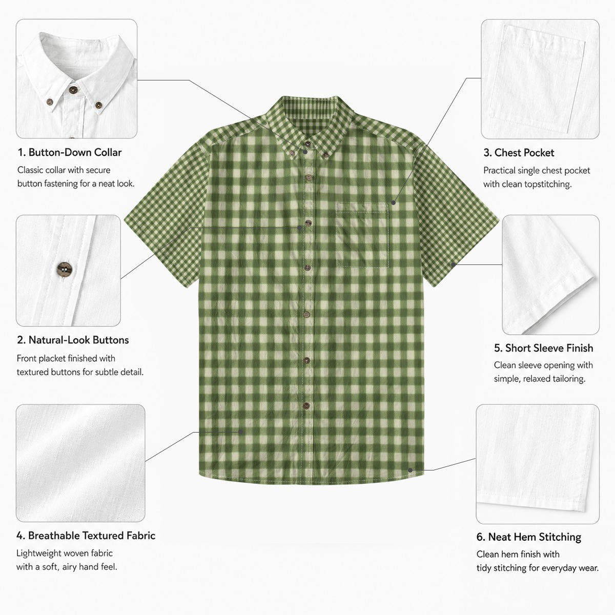 Green Gingham Check Hawaiian Shirt