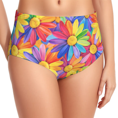 60s Neon Daisy High-Waist Halter Bikini Set — Rainbow Floral Pin-Up Swimwear