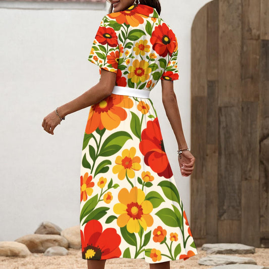 Retro Garden Floral Women's Shirt Dress with Waist Tie | 60s Orange Red Flower Print
