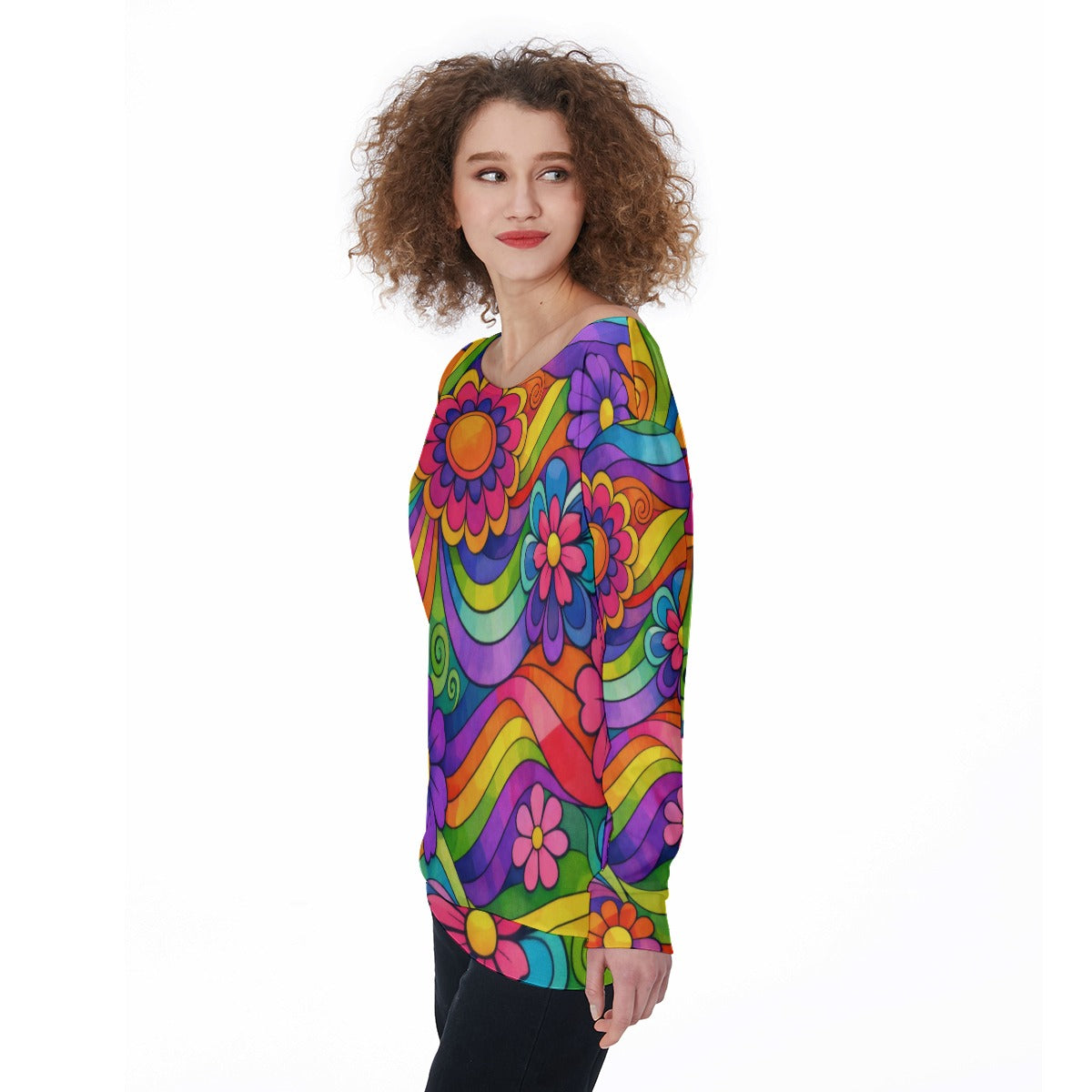 Groovy 70s Flower Power Rainbow Off-Shoulder Sweatshirt | All-Over Print