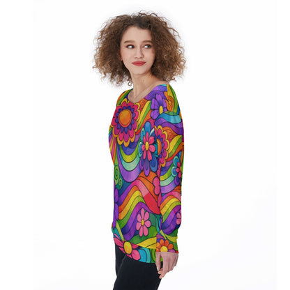 Groovy 70s Flower Power Rainbow Off-Shoulder Sweatshirt | All-Over Print