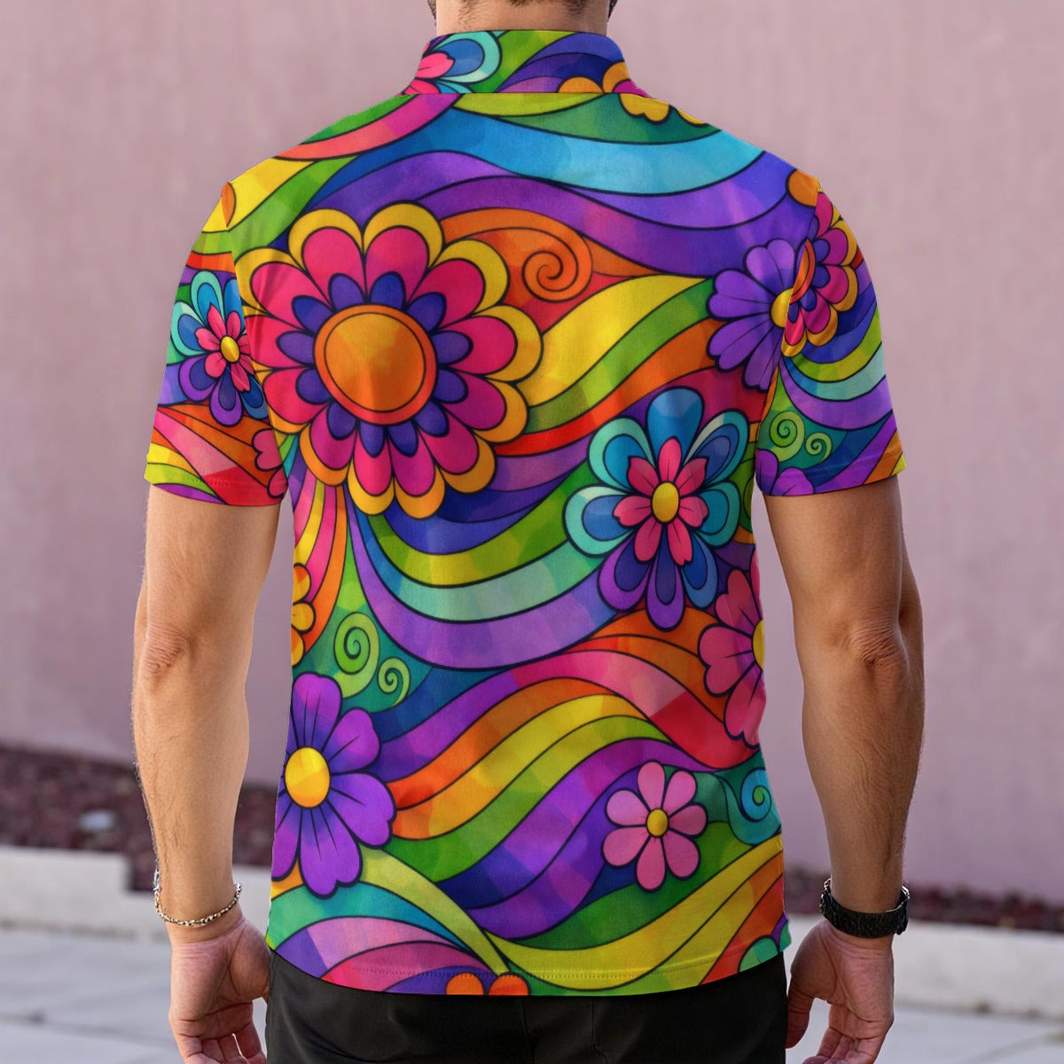 70s Rainbow Flower Power Men's Polo Collar Jersey | All-Over Print