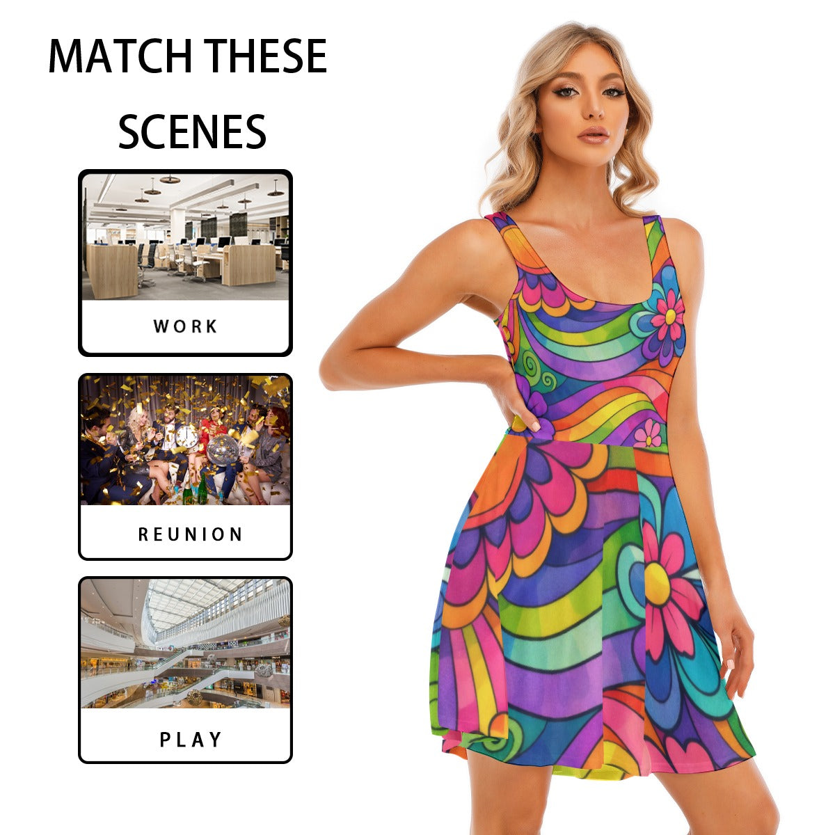 Rainbow Wave Flower Power Women's Tank Vest Dress | 70s Psychedelic Groovy Print