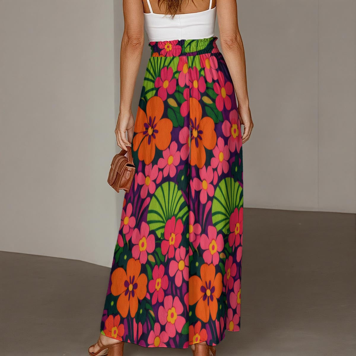 60s Neon Floral Wide-Leg Pants All-Over Print Women's Ruffled Wide-Leg Pants