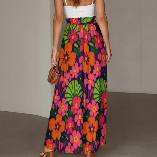 60s Neon Floral Wide-Leg Pants All-Over Print Women's Ruffled Wide-Leg Pants