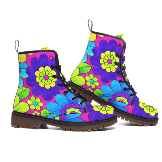 Bold Pop Art Floral Men's Martin Short Boots — 60s Mod Pink Purple Blue Print