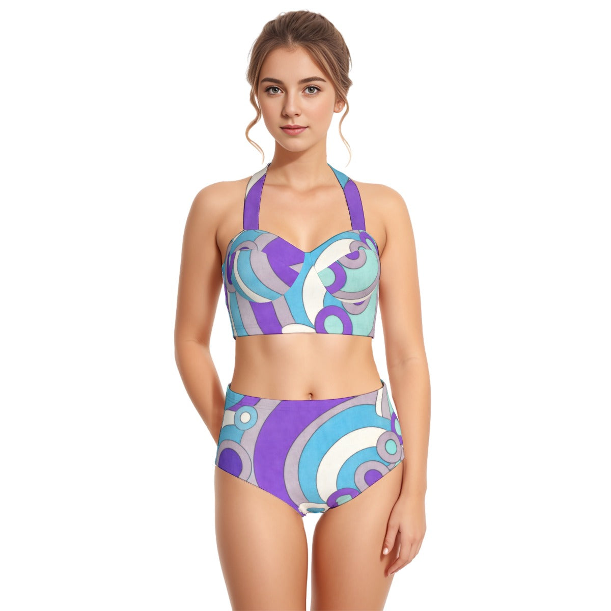 60s Op Art Swirl High-Waist Halter Bikini Set — Purple & Blue Pucci Pin-Up