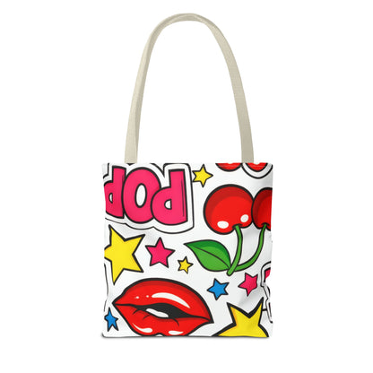 Pop Art Kiss & Cherries Tote Bag — Fun Retro Pattern All-Over Print