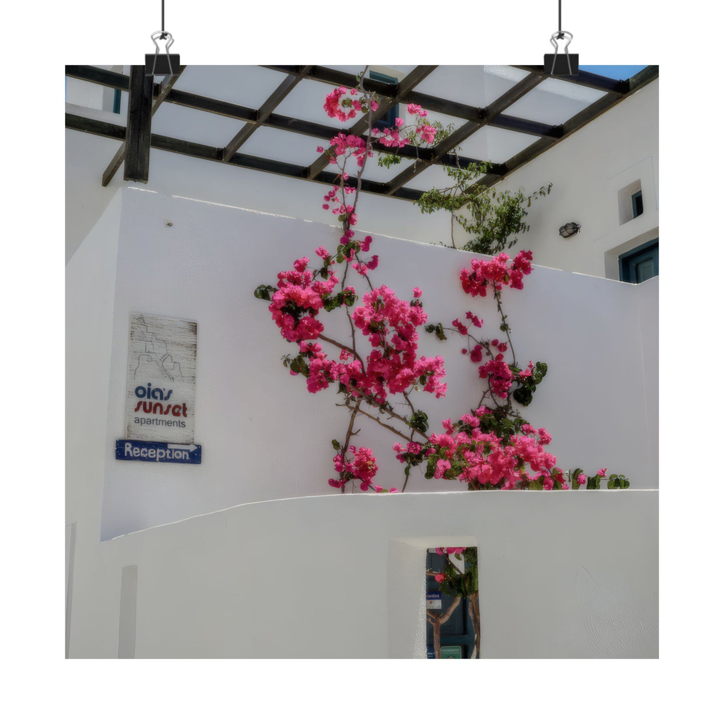 Santorini Bougainvillea Poster, Oia Greece White Architecture Art, Mediterranean Floral Wall Decor, Greek Island Photography Print Art Decor