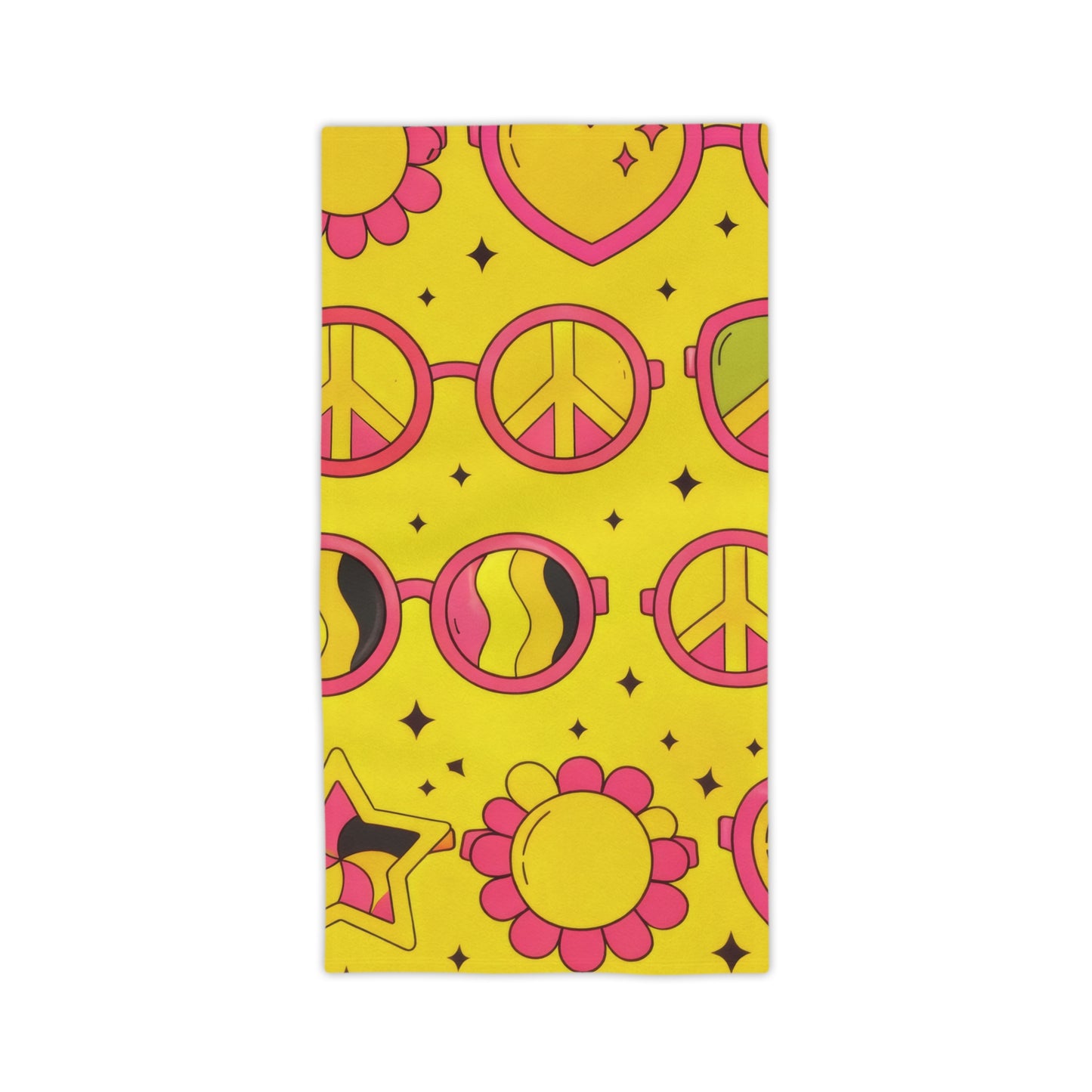 Retro Peace & Love Beach Towel — Yellow Floral Heart Paisley Pattern