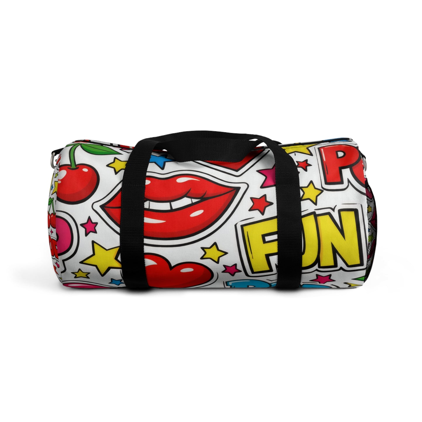 Pop Art Duffel Bag — Retro Hearts, Cherries & Lip Graphic Travel Bag