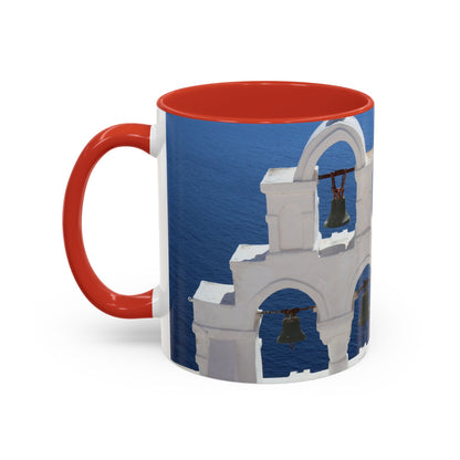 Santorini Bell Towers coffee mug | Greek island scene, blue sea accent mug