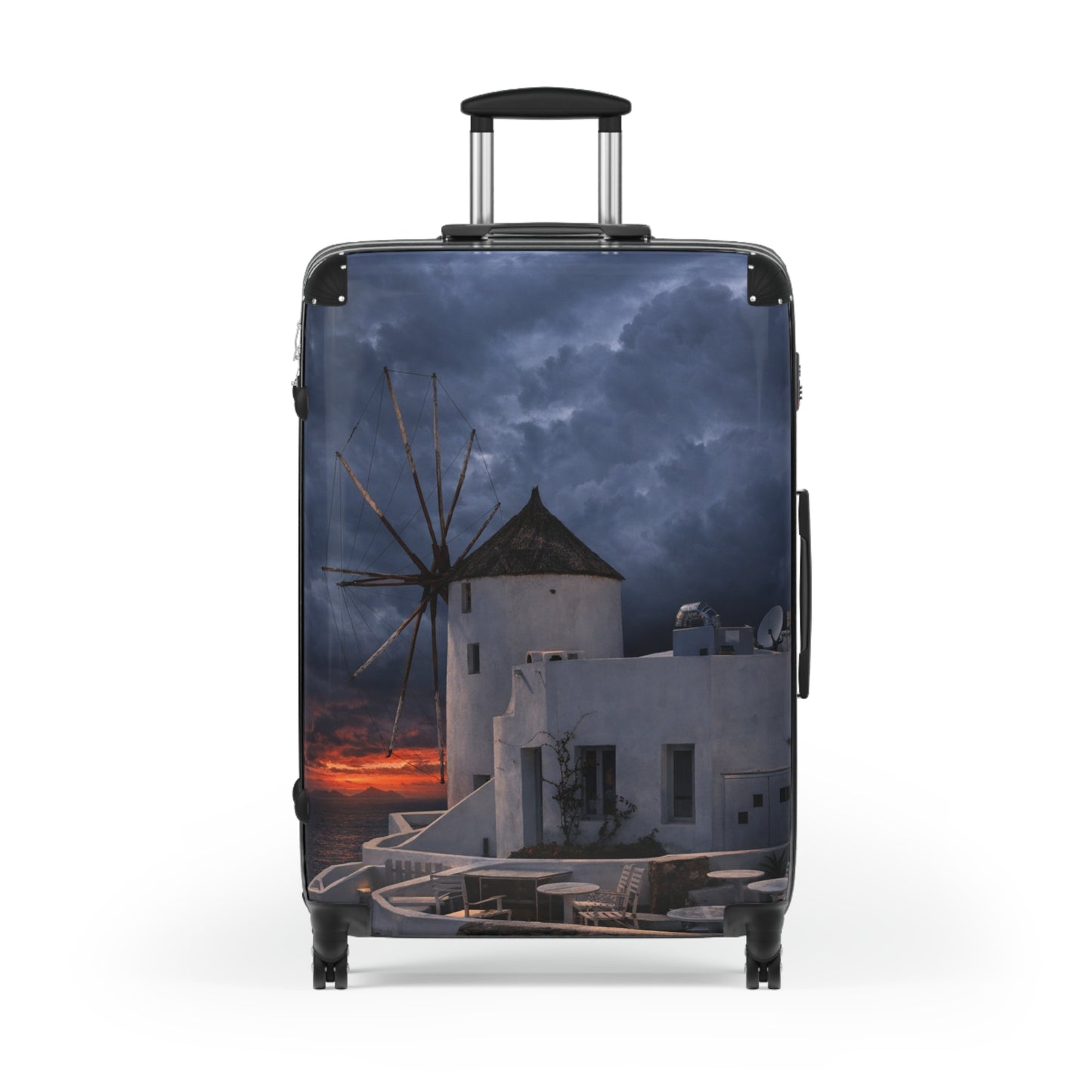 Oia Santorini Windmill Sunset Suitcase — Moody Greek Island Hard Shell Travel Luggage