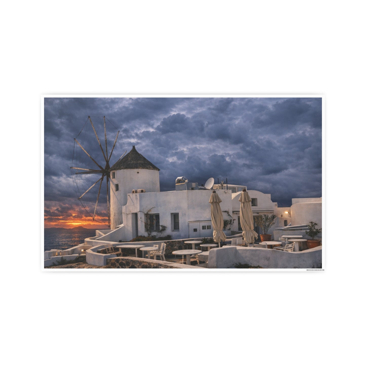 Oia Santorini Windmill Sunset Poster — Mediterranean Landscape Photo Art Print