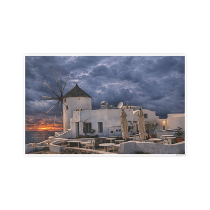 Oia Santorini Windmill Sunset Poster — Mediterranean Landscape Photo Art Print