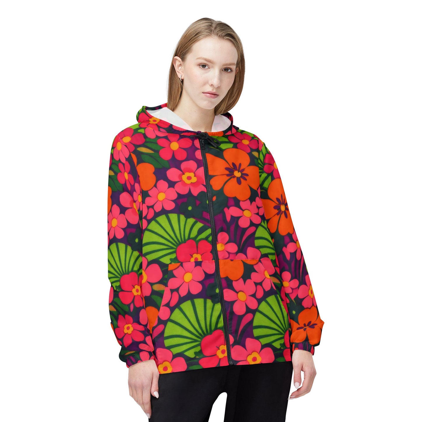 Floral Retro Windbreaker Jacket – Bright Pink & Orange AOP