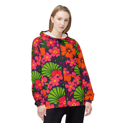 Floral Retro Windbreaker Jacket – Bright Pink & Orange AOP