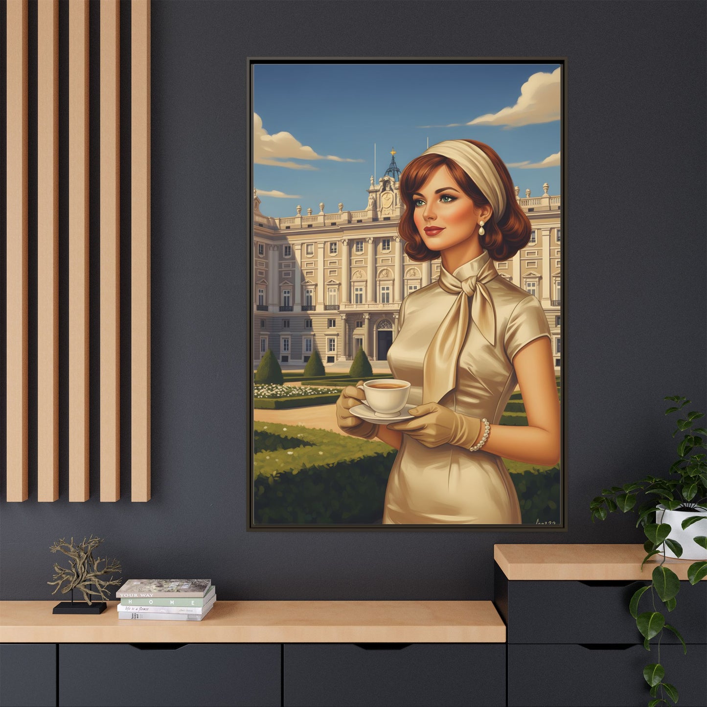 Elegant vintage woman drinking coffee in front of Royal Palace in Madrid Canvas Framed Wall Art