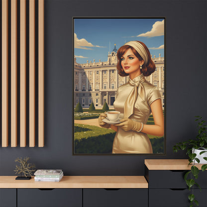 Elegant vintage woman drinking coffee in front of Royal Palace in Madrid Canvas Framed Wall Art