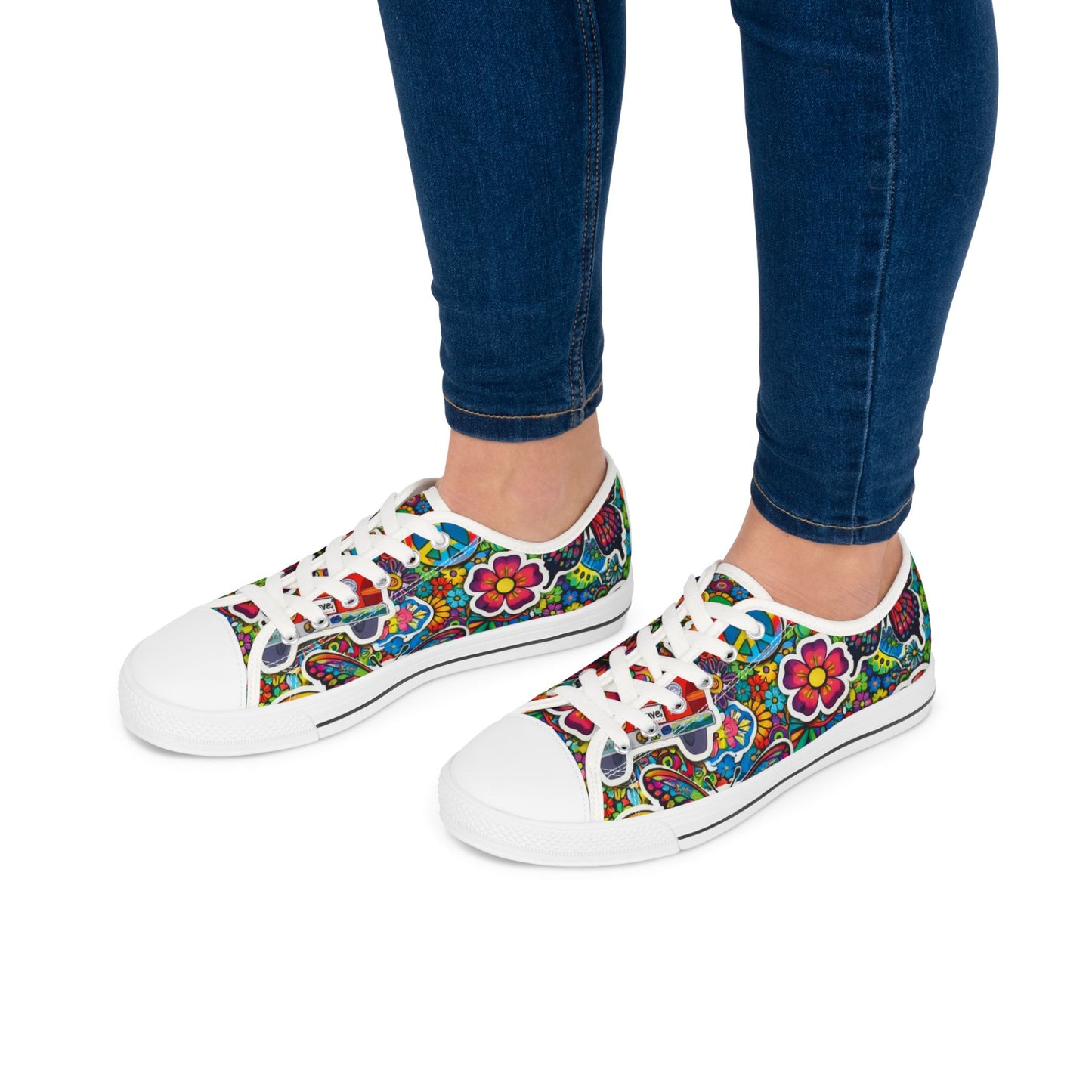Women’s Low Top Sneakers — Colorful Retro Floral & Peace Vans Pattern