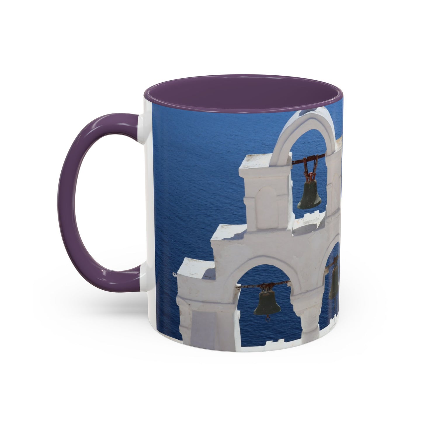 Santorini Bell Towers coffee mug | Greek island scene, blue sea accent mug