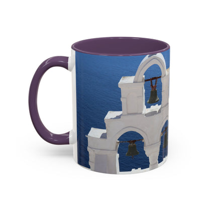 Santorini Bell Towers coffee mug | Greek island scene, blue sea accent mug