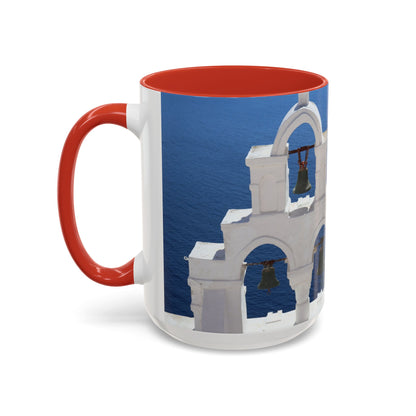 Santorini Bell Towers coffee mug | Greek island scene, blue sea accent mug