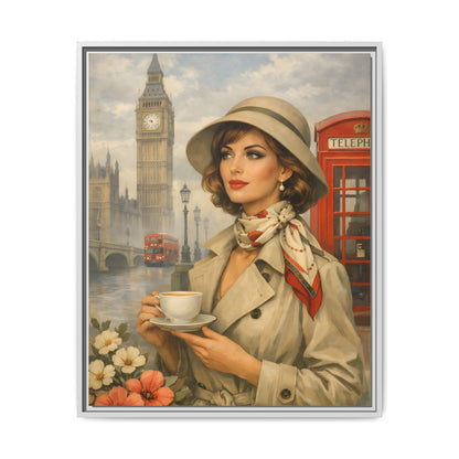 Elegant vintage woman drinking tea in front of Big Ben in London, retro British travel fashion illustration Matte Canvas