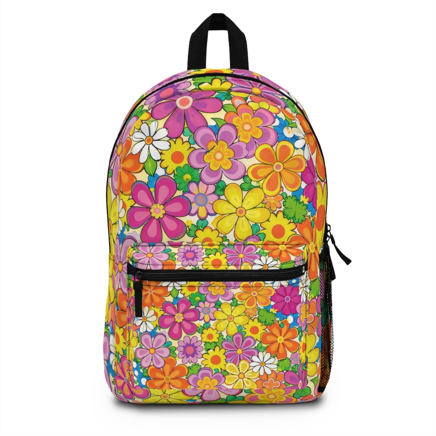 Floral Retro Daisy Backpack — Colorful 70s Flower Pattern School & Travel Bag
