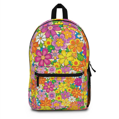 Floral Retro Daisy Backpack — Colorful 70s Flower Pattern School & Travel Bag