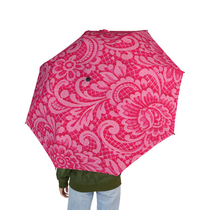 Pink Damask Foldable Umbrella — Compact Semi-Automatic Rain Parasol