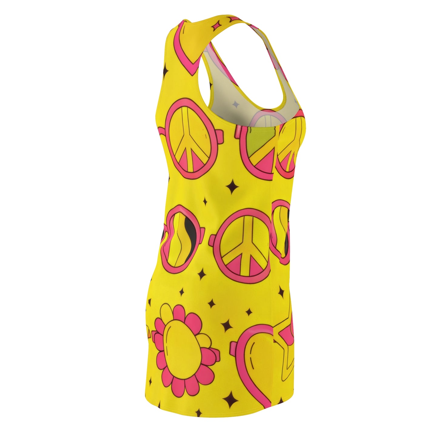 Yellow Retro Peace & Heart Racerback Dress - 70s Flower Power Print